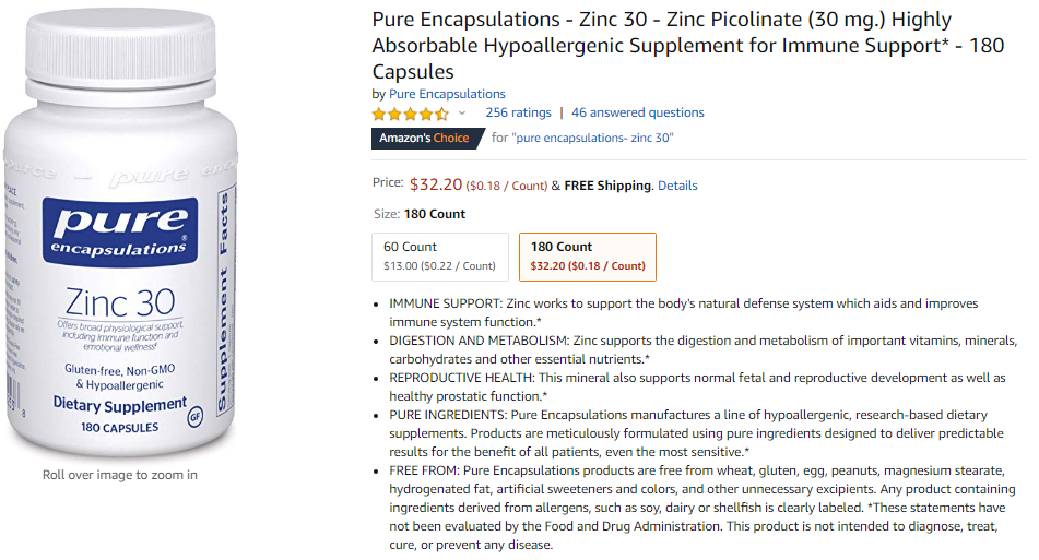 best zinc supplements - pure encapsulations
